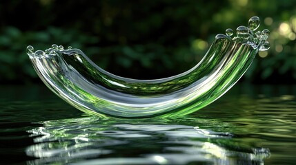Poster - Elegant glass curve hovering above reflective green-tinted water surface