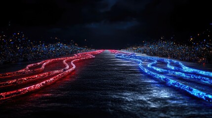 Poster - Dual-lane digital path glowing red and blue, futuristic transport or data flow concept
