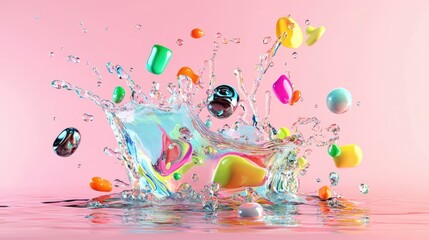 Poster - Cool-toned fluid splash forming futuristic shapes, isolated on gradient background, 3D digital render