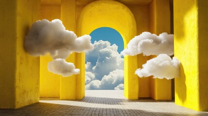 Poster - Conceptual render of abstract tunnel in yellow with floating clouds, dreamy atmosphere