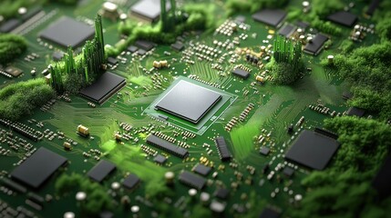 Poster - Computer-generated green circuit board morphing into abstract 3D landscape