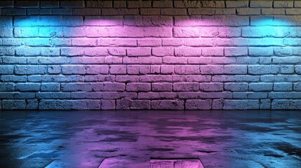 Poster - Bright pink and blue neon rays on textured brick wall with reflections on glossy asphalt