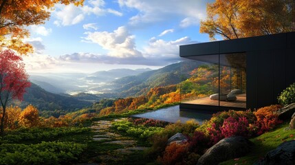 Poster - Artistic rendering of modern building design with autumn palette and scenic flair