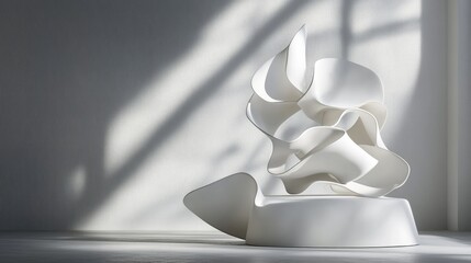 Poster - All-white abstract shapes forming a 3D podium, soft light for mockup presentation