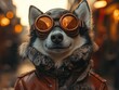 © Jay - Stylish dog in aviator goggles and leather jacket, exuding urban adventure vibe under warm bokeh lights.