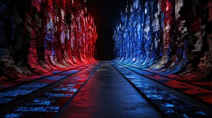 Poster - Abstract digital road in vibrant red and blue parallel tracks, sci-fi interface concept