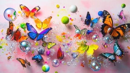Poster - Abstract artistic scene with scattered watercolor bubbles and winged butterflies