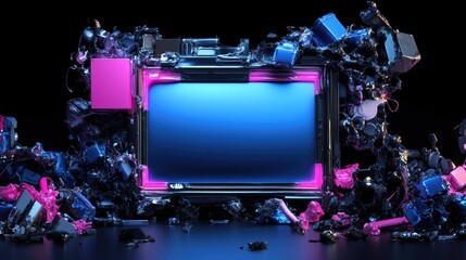 Poster - Abstract 3D futuristic frame with blue and pink lights layered on dark structure