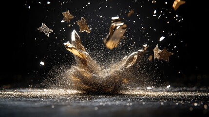 Poster - 3D glitter burst like star-shaped fireworks, shimmering particles on a black backdrop