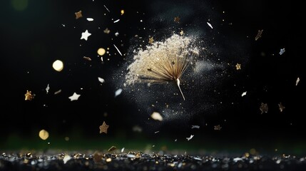 Poster - 3D glitter burst like star-shaped fireworks, shimmering particles on a black backdrop