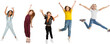 © master1305 - Five elementary school kids or pupils jumping in colorful casual clothes isolated on transparent background. Creative collage. Back to school, education, childhood concept. Cheerful girls and boy.