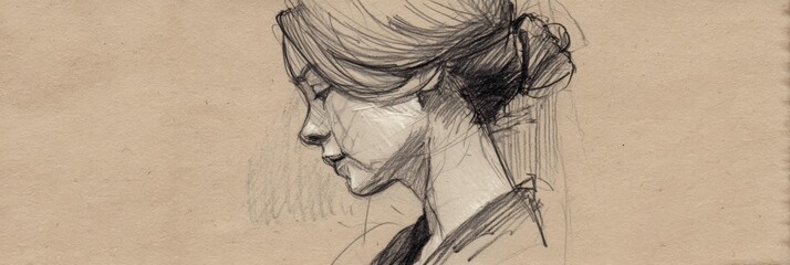 Aufkleber - Pencil Sketch of a Womans Profile Highlighting Delicate Features on Textured Paper Generative AI