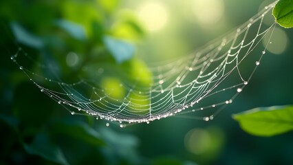 Delicate spiderweb with dewdrops glistening in the morning sunlight, surrounded by green foliage.