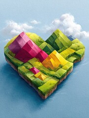 Aufkleber - An abstract digital painting portrays a vibrant, isometric landscape arranged in a heart shape floating over tranquil blue waters, soft clouds above.