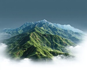 Leinwandbilder - Verdant mountain range rises above a sea of clouds under a clear sky, with a digital grid overlay highlighting topographic data analysis.