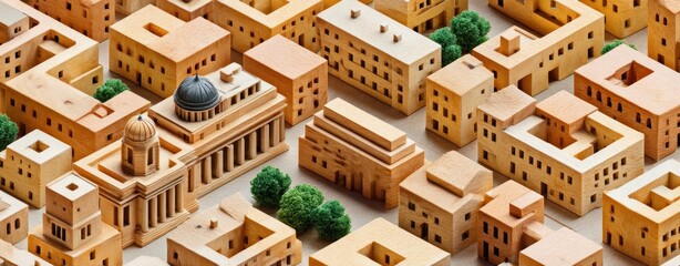 Leinwandbilder - A miniature cityscape of tan buildings with flat roofs and a few classical structures creates a whical architectural display so intricate.