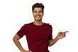 © Asier - Young handsome caucasian man isolated on white background smiling cheerfully pointing with forefinger away.
