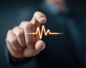 Poster - A man's finger touches a glowing, orange heartbeat line representing health, technology, or a medical diagnostic connection, and innovation.