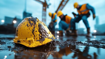 a yellow hard hat, covered in mud, lies on a construction site, symbolizing safety in labor and the 