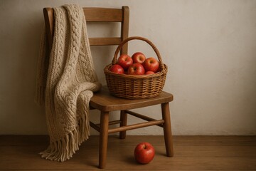 Poster - Charming Rustic Chair With a Woven Basket of Red Apples and a Warm Blanket in a Cozy Setting During Autumn Generative AI