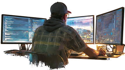 Coding in the Digital Realm: A skilled programmer immersed in the digital landscape, navigating multiple computer screens displaying complex coding interfaces, the epitome of technological prowess.