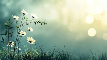 Poster - Delicate white flowers bloom amongst lush green grasses and leaves