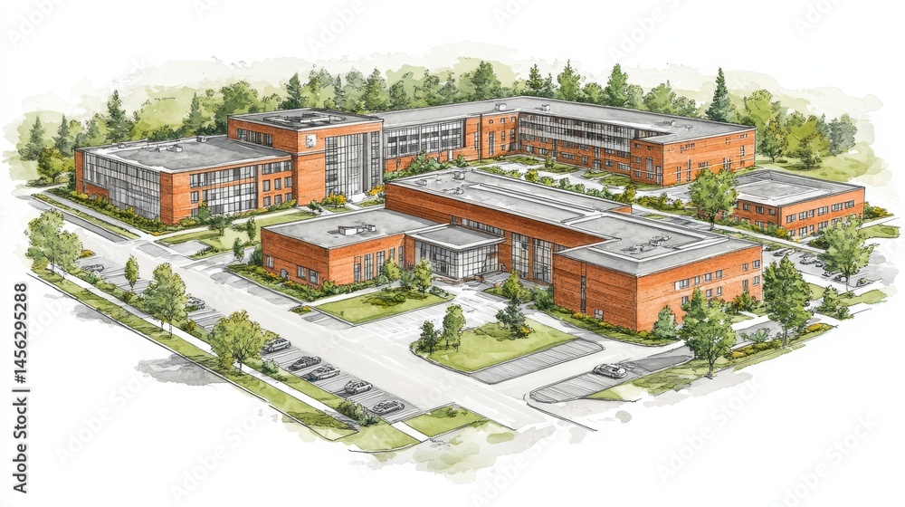 Community Planning Rendering Architectural urban design sketch presenting complex residential ...