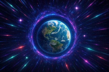Wall Mural - Exploring the cosmic beauty of Earth surrounded by vibrant waves of light in a boundless universe Generative AI