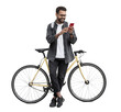 © kite_rin - Young handsome man with bike and smartphone isolated transparent PNG, Full length portrait of smiling student man with bicycle looking at mobile phone, Lifestyle, travel, casual business concept