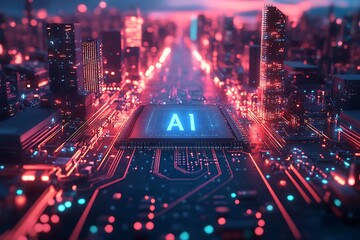 Futuristic artificial intelligence concept represented by a circuit board and illuminated cityscape