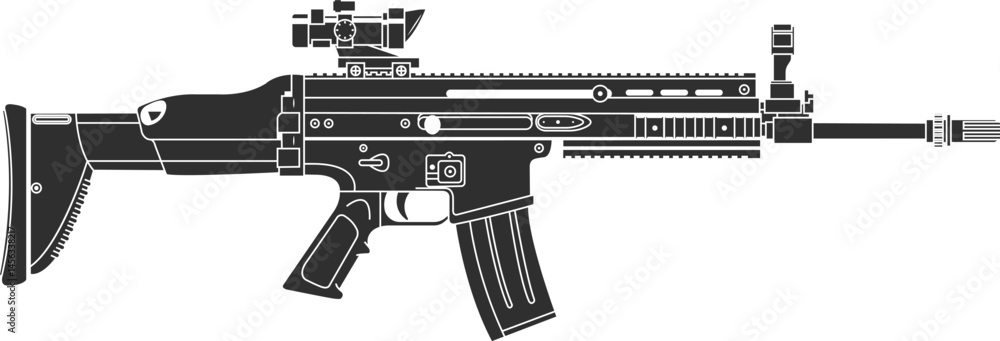 SCAR assault rifle icon isolated on black, combat assault rifle for ...