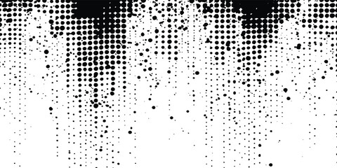 Aufkleber - Black and white halftone background with grunge-style circle dots. Black and white halftone grunge distressed dot pattern texture, background for design and creative projects.