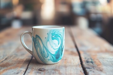 Poster - Stylish teal-blue patterned ceramic mug on a wooden table.