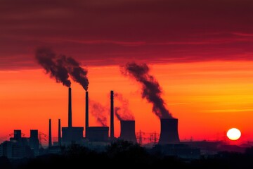 sunset view of industrial smokestacks emitting smoke against a colorful sky in an urban setting