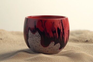 Poster - Red and black patterned bowl on a sandy surface.
