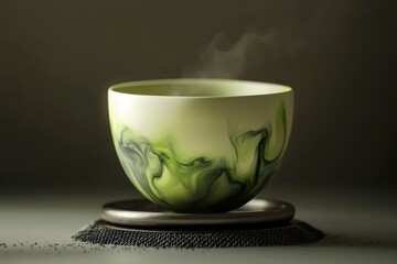 Poster - Elegant,  pale-yellow ceramic bowl, showcasing swirling, dark-green patterns.