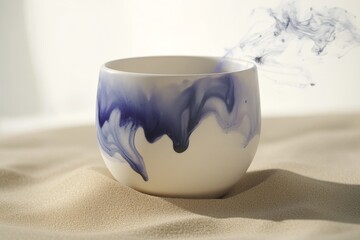 Poster - Elegant ceramic cup with swirling blue patterns.