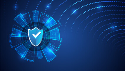 Poster - Cyber ​​security concept background with shield on glowing digital interface. Abstract blue design representing data protection, secure technology and online security systems.
