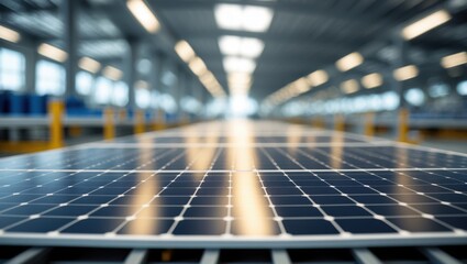 Solar panel factory with panels close up