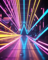 Aufkleber - Neon tunnel with glowing lines in vibrant colors. The tunnel creates a sense of depth and movement, with the bright neon lights reflecting on the ground.