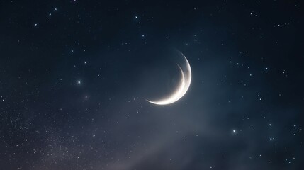 Wall Mural - Crescent moon shines in a dark blue night sky with scattered stars.