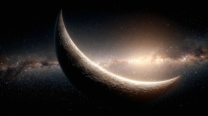 Wall Mural - Crescent moon shines in a dark sky with stars and clouds.