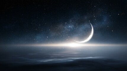 Wall Mural - Crescent moon shines brightly over a dark horizon with stars above.