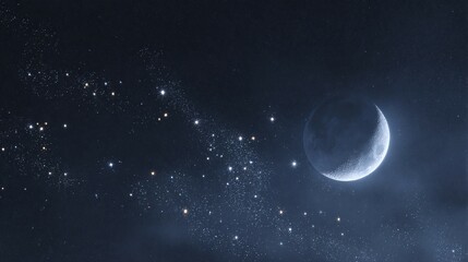 Wall Mural - crescent moon and stars in a dark blue night sky with clouds.
