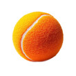 © Ouzhan - Close-up shot of a vibrant orange tennis ball with a prominent white stripe. The ball's texture and detail is highlighted. The image showcases its spherical shape