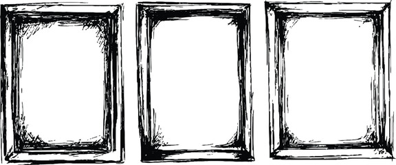 Fototapete - Three black framed white on a transparent background. A collection of three empty picture frames in black colors transparent white background. 
Set of picture frames, isolated on white background.