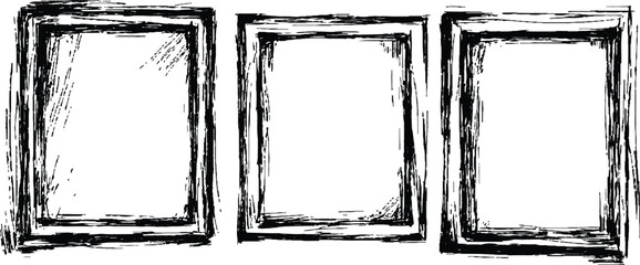 Fototapete - Three black framed white on a transparent background. A collection of three empty picture frames in black colors transparent white background. 
Set of picture frames, isolated on white background.