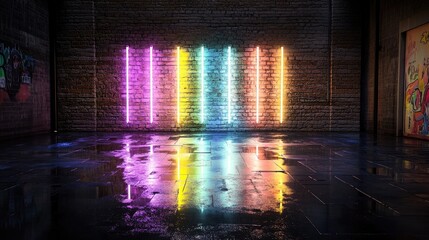 Poster - Vivid neon light beams casting reflections on wet ground, glowing brick wall in background
