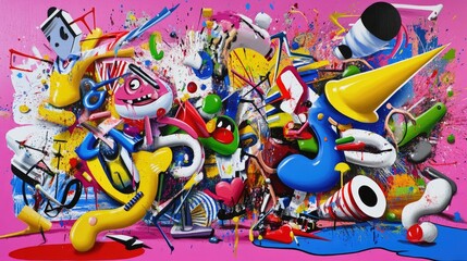 Wall Mural - vivid abstract pop art with an explosion of color bursts, rhythmic waves, and dynamic motion