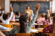 © Georgy - Young girls and boys in an elementary school setting are raising their hands in a classroom